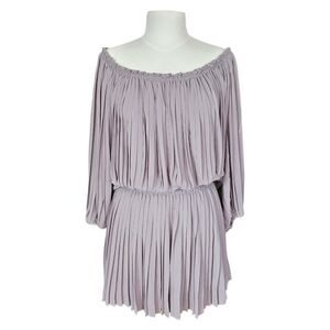 Max Studio Off Shoulder Peasant Balloon Sleeve Pleated Mini Dress Tan Size Small